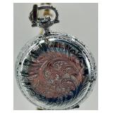 Elgin Silver Tone Pocket Watch with Ornate Engraved Case
