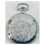 Elgin Silver Tone Pocket Watch with Ornate Engraved Case