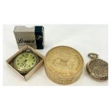 Collection of 3 Vintage Pocket Watches and Coin-Style Desk Clock including Lenox and Seiko
