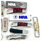 Collection of Pocket Knives and Keychain Accessories including NRA and Hearst Castle