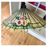Vintage Hand-Painted Asian Paper Parasol with Floral Design