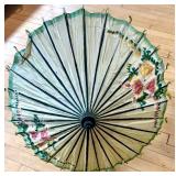 Vintage Hand-Painted Asian Paper Parasol with Floral Design