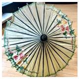 Vintage Hand-Painted Asian Paper Parasol with Floral Design