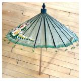 Vintage Hand-Painted Asian Paper Parasol with Floral Design