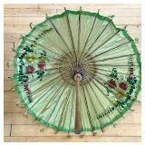 Vintage Hand-Painted Asian Paper Parasol with Floral Design