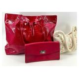 Set of 3 Handbags and Wallets - Red Tote, Red Clutch, Beaded Floral Bag