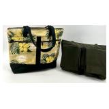 2 Large Tote Bags - Floral Print and Olive Green Canvas with Multiple Pockets