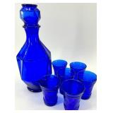 Mid Century Cobalt Blue Glass Decanter with Stopper and 6 Matching Glasses
