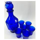 Mid Century Cobalt Blue Glass Decanter with Stopper and 6 Matching Glasses