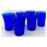 Mid Century Cobalt Blue Glass Decanter with Stopper and 6 Matching Glasses