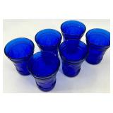 Mid Century Cobalt Blue Glass Decanter with Stopper and 6 Matching Glasses