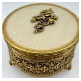 Vintage Vanity Set with Ornate Gold Jewelry Box, Porcelain Hand Dish, and Perfume Atomizer