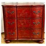 Red Hand-Painted Floral 3-Drawer Chest with Decorative Hardware