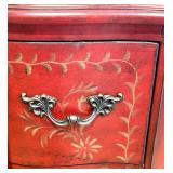 Red Hand-Painted Floral 3-Drawer Chest with Decorative Hardware
