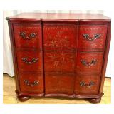 Red Hand-Painted Floral 3-Drawer Chest with Decorative Hardware