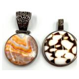 Pair of Sterling Silver Pendants with Coral Agate and Reversible Shell and Floral Cutout & Spiderweb Pattern