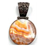 Pair of Sterling Silver Pendants with Coral Agate and Reversible Shell and Floral Cutout & Spiderweb Pattern