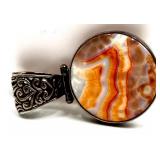 Pair of Sterling Silver Pendants with Coral Agate and Reversible Shell and Floral Cutout & Spiderweb Pattern