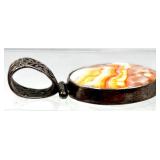 Pair of Sterling Silver Pendants with Coral Agate and Reversible Shell and Floral Cutout & Spiderweb Pattern