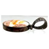 Pair of Sterling Silver Pendants with Coral Agate and Reversible Shell and Floral Cutout & Spiderweb Pattern