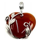 Sterling Silver Heart-Shaped Carnelian Pendant with Leaf Design