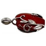 Sterling Silver Heart-Shaped Carnelian Pendant with Leaf Design