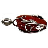 Sterling Silver Heart-Shaped Carnelian Pendant with Leaf Design