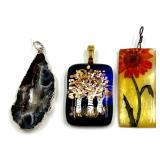 Set of 3 Artistic Pendants - Geode Slice, Fused Glass, and Resin Flower