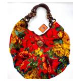 Mountain Mamas Floral Boho Handbag with Wood Bead Handles and Tag with 2 Other Artisan Made Leather Bags and Wallet with Logo