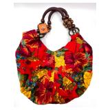 Mountain Mamas Floral Boho Handbag with Wood Bead Handles and Tag with 2 Other Artisan Made Leather Bags and Wallet with Logo