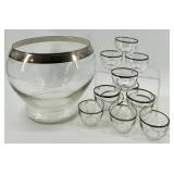 Indiana Glass Punch Bowl with Silver Trim and 12 Matching Cups