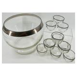 Indiana Glass Punch Bowl with Silver Trim and 12 Matching Cups