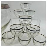 Indiana Glass Punch Bowl with Silver Trim and 12 Matching Cups
