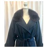 Anne Klein Long Navy Trench Coat with Fur Collar and Removable Fur Lining