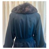Anne Klein Long Navy Trench Coat with Fur Collar and Removable Fur Lining