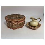 Vintage Frankoma Pottery Pitcher and Bowl Set 40A and 40B Desert Gold 5" Tall & Basket