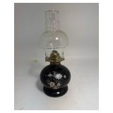 Black Glass Oil Lamp w/Clear Chimney w/White & Gold Floral Decoration