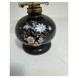 Black Glass Oil Lamp w/Clear Chimney w/White & Gold Floral Decoration