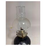 Black Glass Oil Lamp w/Clear Chimney w/White & Gold Floral Decoration
