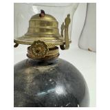 Black Glass Oil Lamp w/Clear Chimney w/White & Gold Floral Decoration