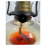 Vintage Extra Large Clear Glass Oil Lamp with Clear Hurricane Shade ~ Orange Oil Stained