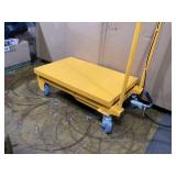 1100lbs Hydraulic Lift Table Cart. 34" Lifting Height, Manual Single Scissor Lift Table with 4 wheels and Non- Slip Pad, Hydraulic Scissor Cart for Material Handling, Yellow