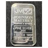 1 TROY OZ .999 FINE SILVER JOHNSON MATTHEY BAR