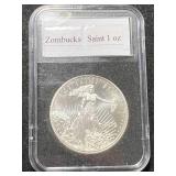 1 TROY OZ .999 FINE SILVER ZOMBUCKS SAINT ROUND