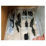 Lot of (Shelf Contents) Assorted Replacement Parts, Euro Adapters, Graco Parts, Wiring Harness, In-Line Meter,  (in original packaging)