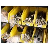 Lot of (Shelf Contents) Parts Organizer 24-bin + Rack with Contents of Assorted Replacement Parts, Hose Connectors (in original packaging)