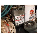 Lot of (Shelf Contents) Assorted Replacement Parts, Tubing, Pipes, Gear Oil, Brake Fluid, Caster Wheel Replacements (New)