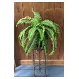 P - Metal Plant Stand with Decorative Scrollwork and Faux Fern