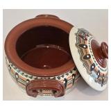 LR - Hand-Painted Bulgarian Terracotta Casserole with Lid and Studio Pottery Pitcher