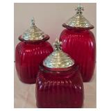LR - Set of 3 Red Glass Canisters with Fleur-de-Lis Metal Lids